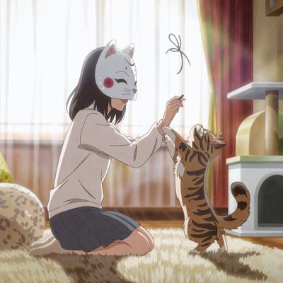 The primary subject of the image is a woman wearing a cat mask, sitting on the floor and playing with a cat. The setting is a room with a window, and the visual style appears to be a digital art or illustration. The colors are predominantly shades of brown and orange, creating a warm and cozy atmosphere.